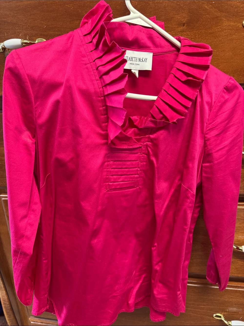 Elizabeth McKay Hot Pink Pleated Ruffle-Neck Blouse